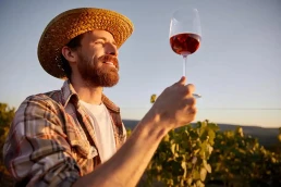 Europas Weine winemaker with glass of wine in vineyard