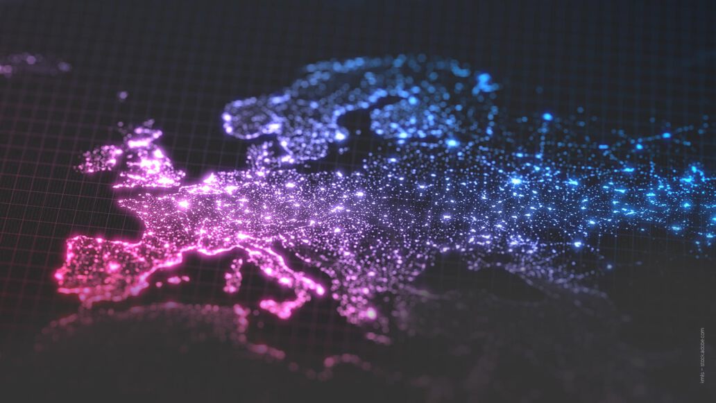 dark earth map with glowing details of city and human population density areas. wiew of europa. 3d illustration