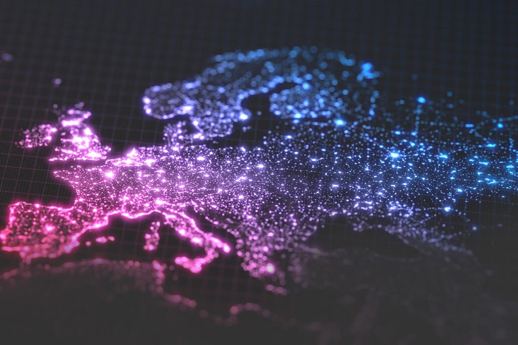 dark earth map with glowing details of city and human population density areas. wiew of europa. 3d illustration